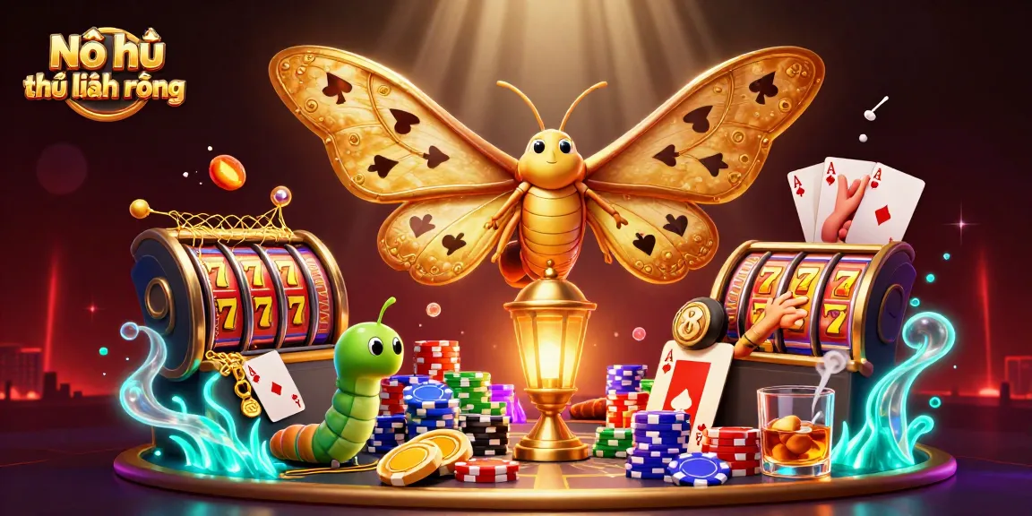 Nổ hũ thủ lĩnh rồng showcases an intricate casino scene with a vivid atlas moth amidst lively slot machine elements.