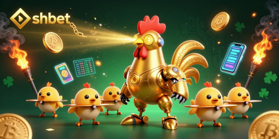 Experience shbet with a dynamic golden rooster robot and baby chick drones in an exciting casino scene.