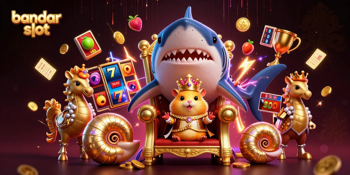Engage with bandar slot excitement featuring an adventurous golden hamster king amidst vibrant slot game elements.