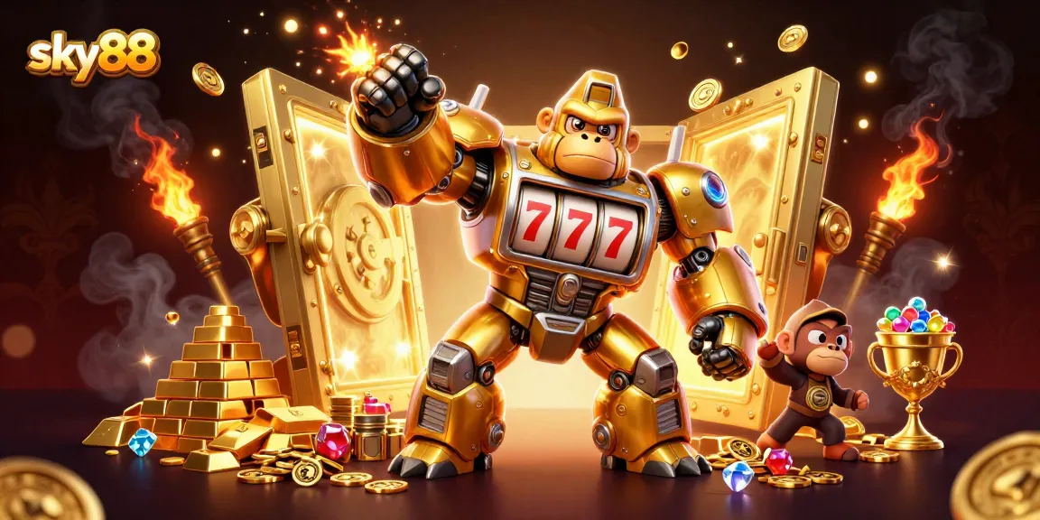 Engage with sky88's thrilling gaming adventure featuring a vibrant 3D illustration of a golden gorilla mech and dynamic casino elements.