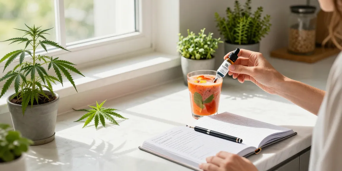 THC vape juice being taken in a bright wellness kitchen with organic elements and CBD products, promoting natural health.
