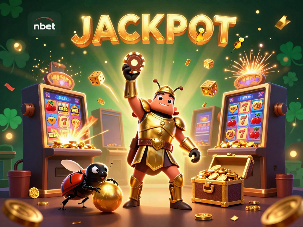 Experience the thrill of nbet with a victorious beetle champion in a vibrant casino scene.