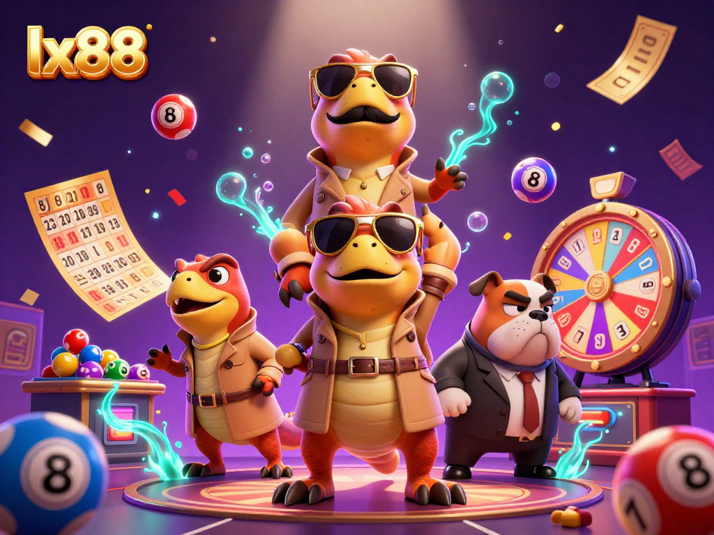 Experience lx88 thrills with raptors entering a casino lounge amidst vibrant colorful games.