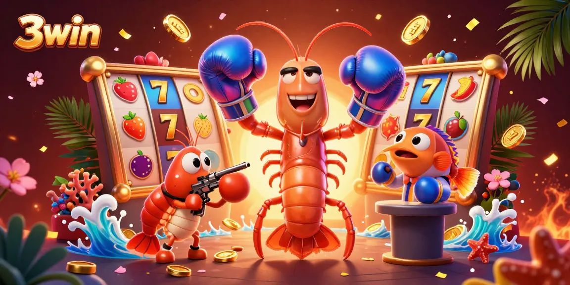 Engage in exciting casino adventures with 3win, featuring vibrant slot reels and energetic sea creatures.