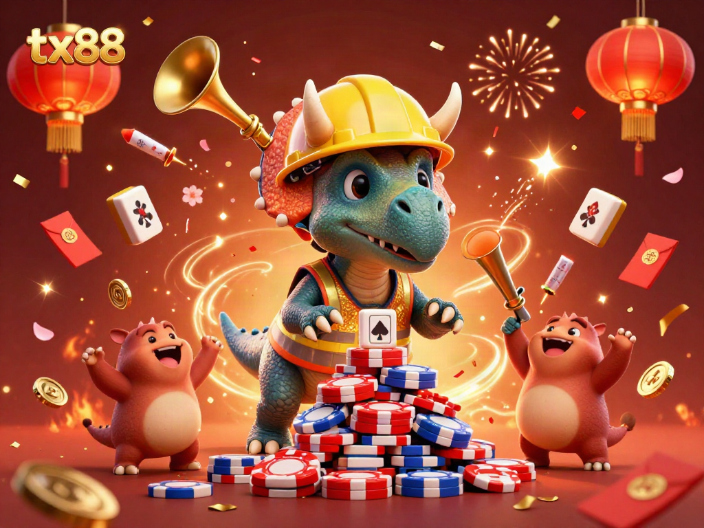 Experience the excitement of gaming with tx88 as cartoon characters celebrate over poker chips and dynamic game elements.