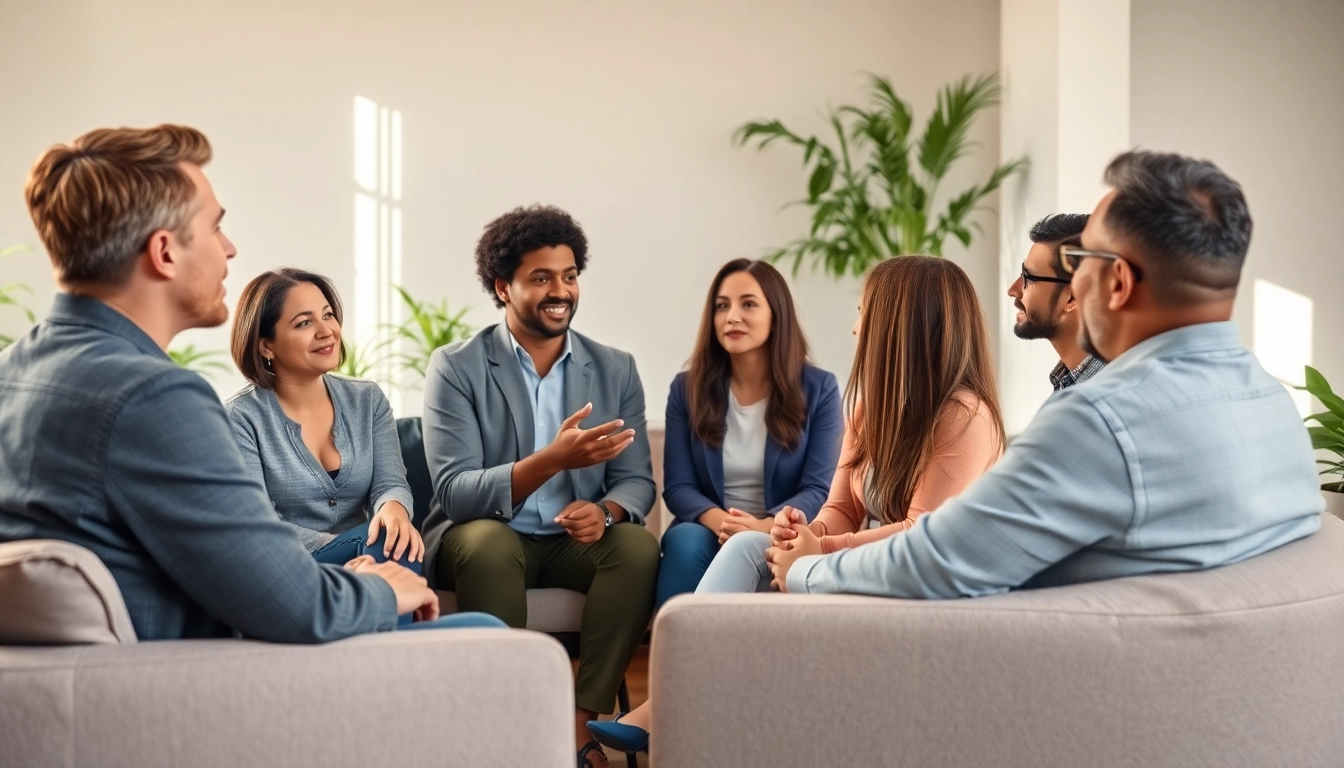 Discussing mental health awareness in a supportive, diverse group setting with warm lighting.