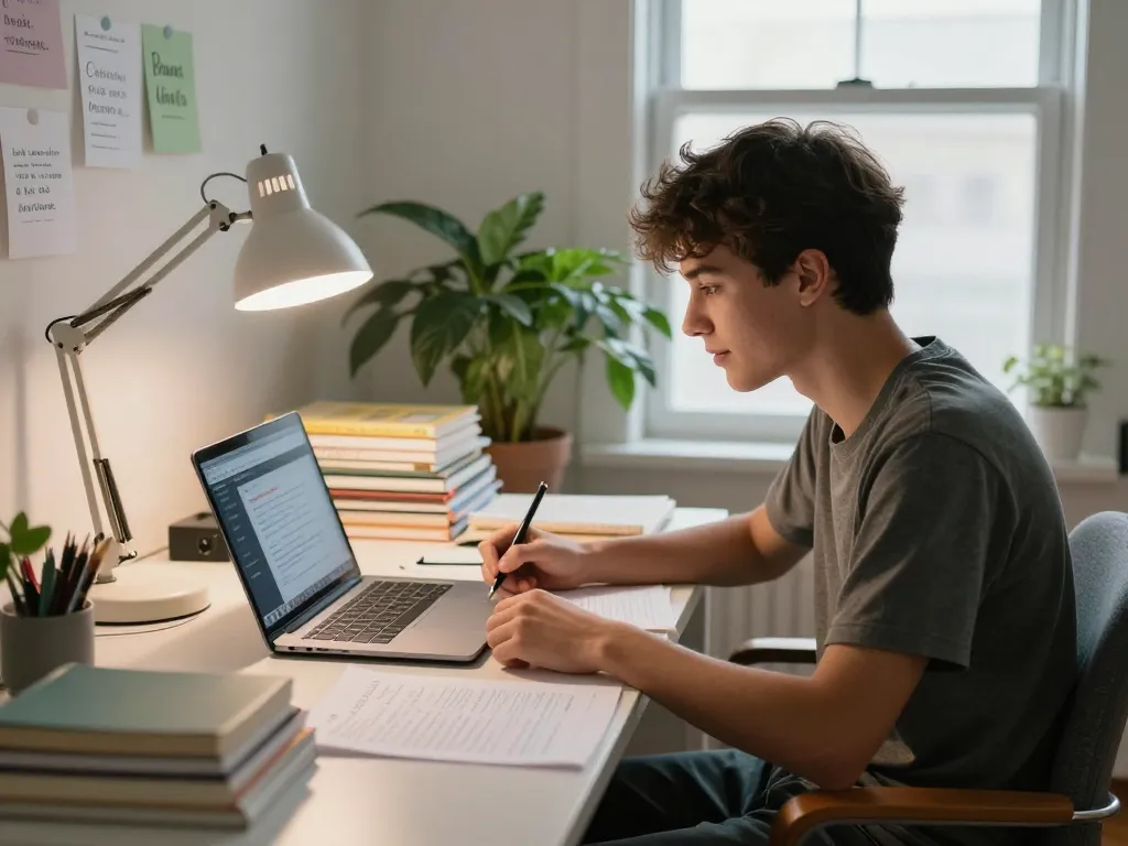 Student, der ein Hausaufgaben KI kostenlos Tool in einem hellen Homeoffice-Studienraum verwendet.