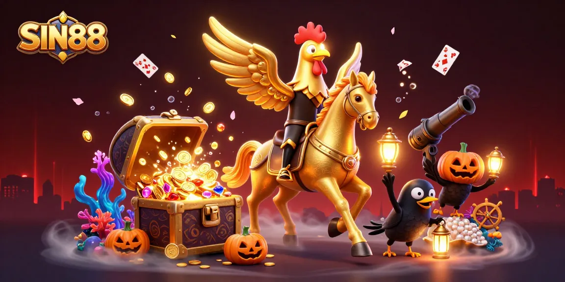 SIN88 features a golden rooster of fortune in a magical casino filled with treasures and lively characters.