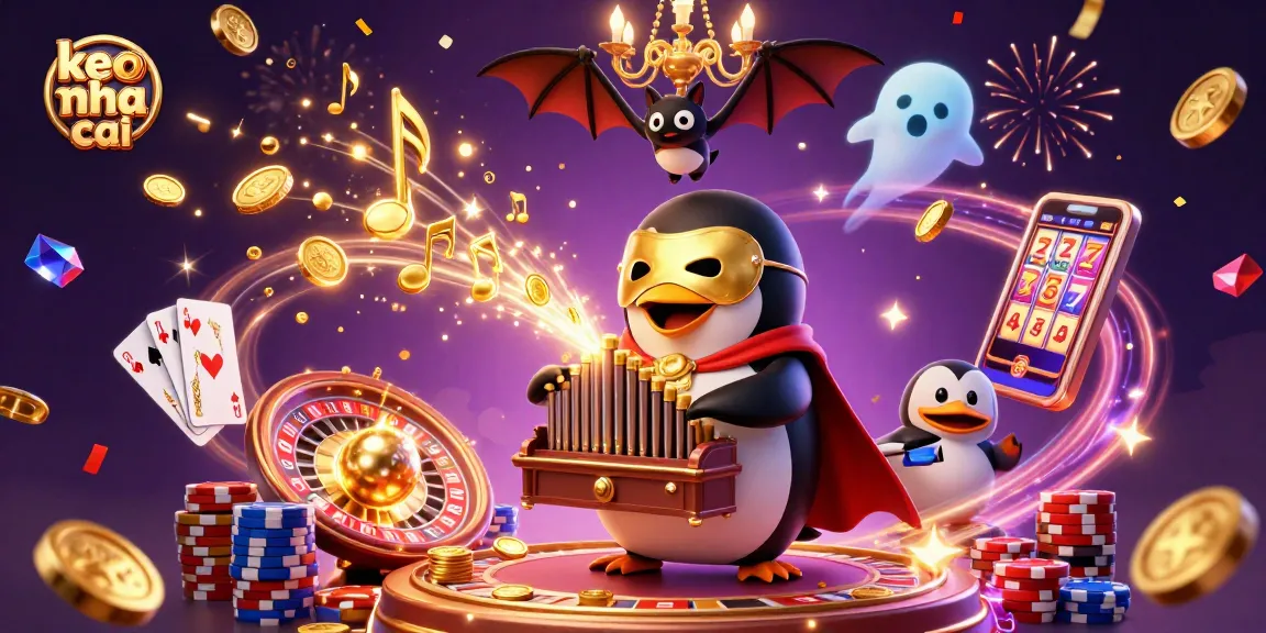 Experience keo nha cai gameplay excitement with the animated penguin organist amidst vibrant casino elements.