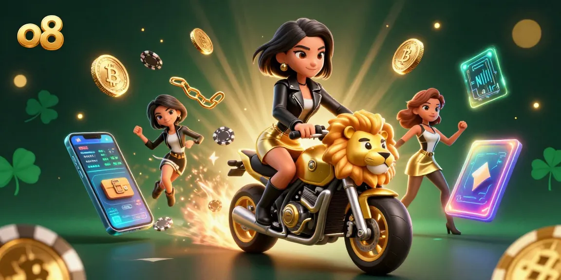 Join the thrill of gaming with o8 as a glamorous Asian character rides a golden lion mascot through a vibrant casino scene.