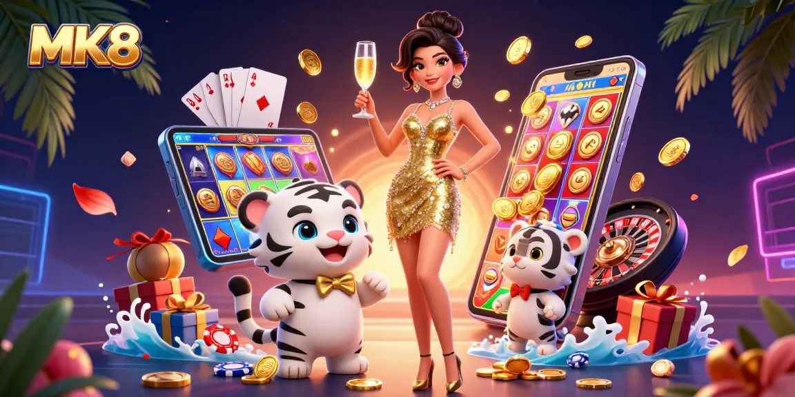 Experience excitement at MK8 with a glamorous scene featuring a woman, lucky tiger, and vibrant casino elements.