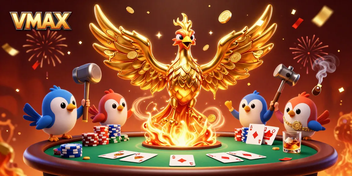 Experience the excitement of VMAX with a dynamic 3D casino scene featuring golden phoenix and poker elements.