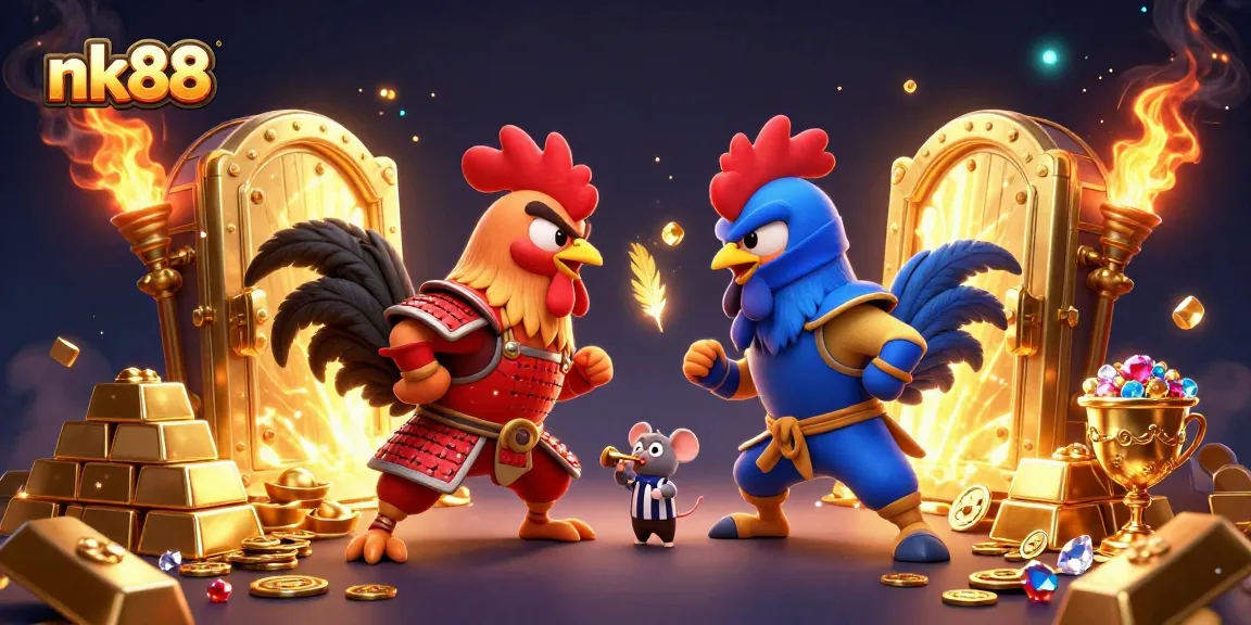 Engage in thrilling battles on nk88 as fighting roosters face off surrounded by treasures and excitement.