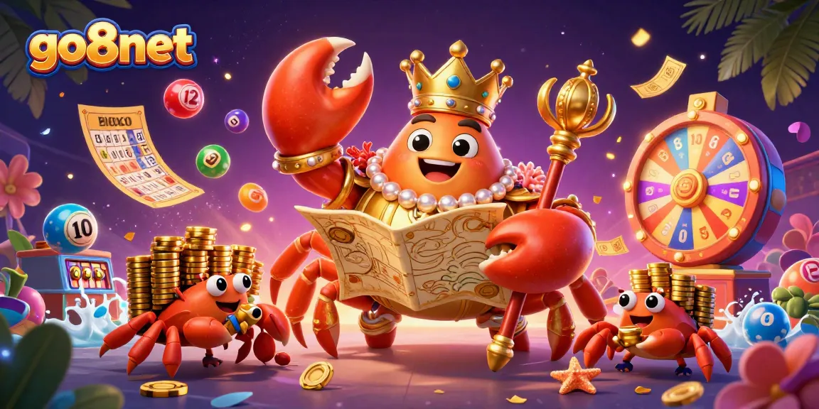 Engage in exciting gameplay at go8net with vibrant lottery elements and a majestic crab emperor.