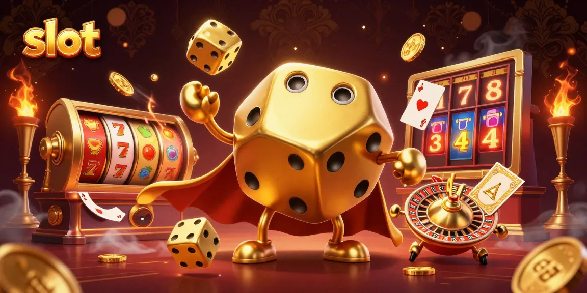 Spin and win with vibrant slot reels featuring a golden dice golem and rich casino elements.
