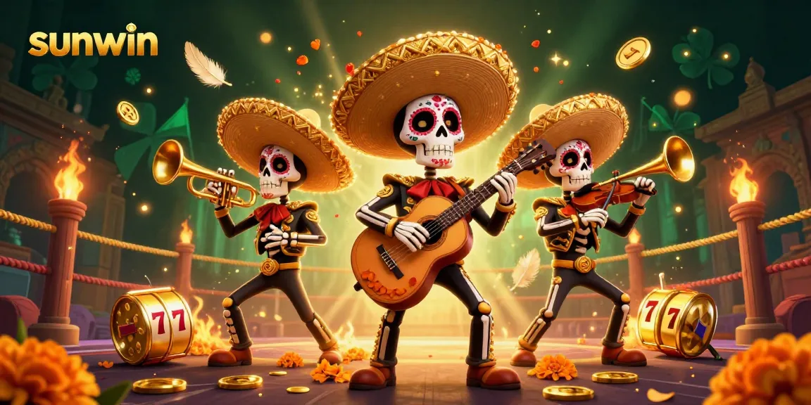 Experience thrilling sunwin jackpots as colorful mariachi band celebrates victory surrounded by golden coins.