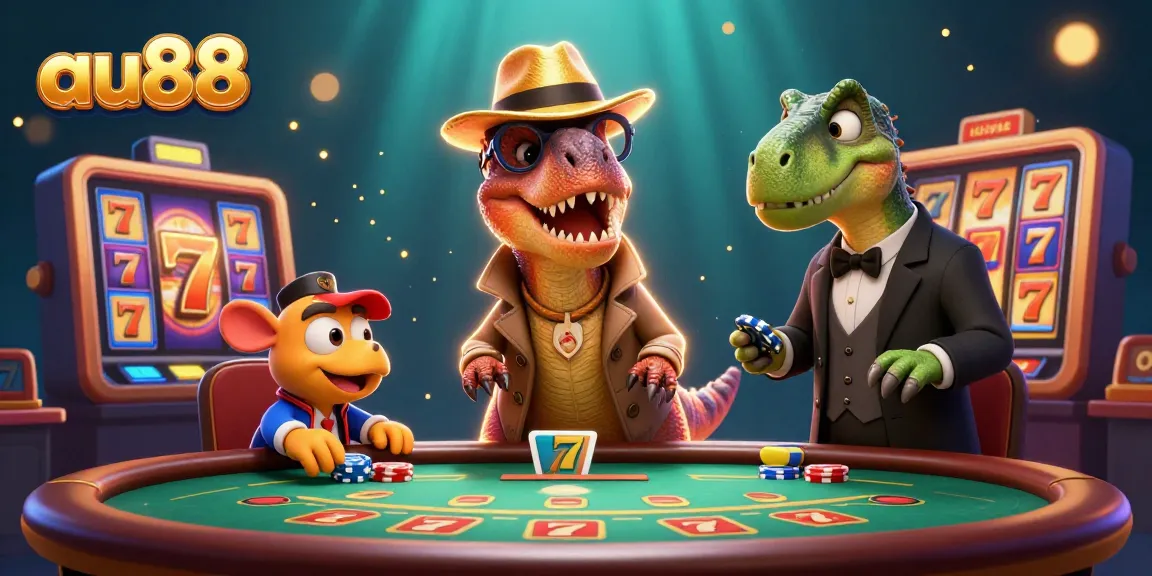 Engage with au88's thrilling slots featuring a velociraptor card counter at an animated gambling scene.