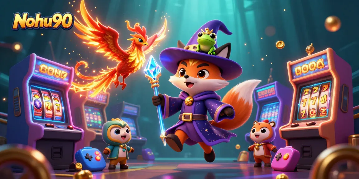 Nohu90 enchants players with a vibrant casino scene featuring a wizard fox, phoenix, and dynamic gaming elements.