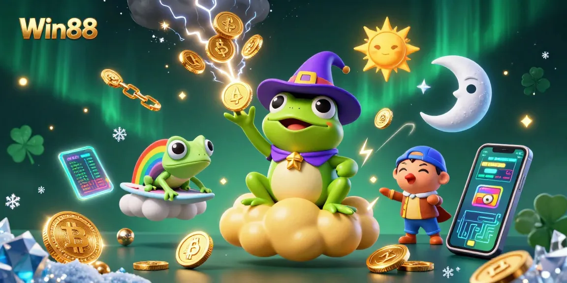 Win88 showcases a immersive casino world with a weather wizard frog and vibrant crypto elements.