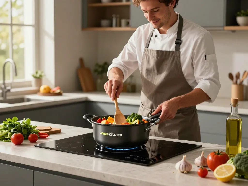 Kochen mit dem besten Induktionstopf, der das vielseitige Kochgeschirr von GreenKitchen in einer modernen Kücheneinstellung präsentiert.
