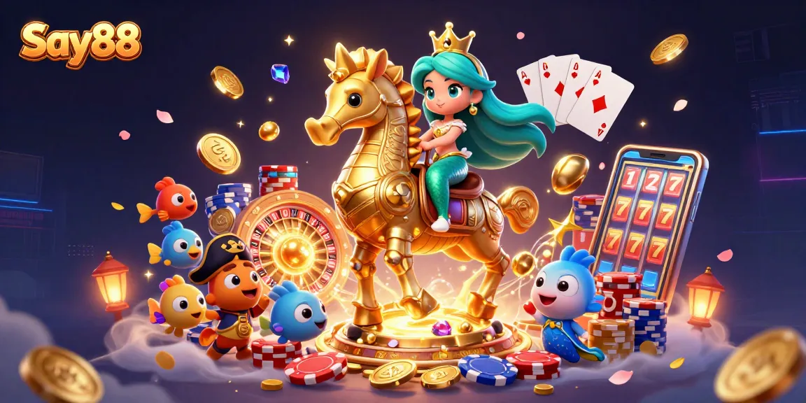 Spin to win with Say88 as the mermaid princess rides a majestic seahorse amidst a dazzling casino scene.