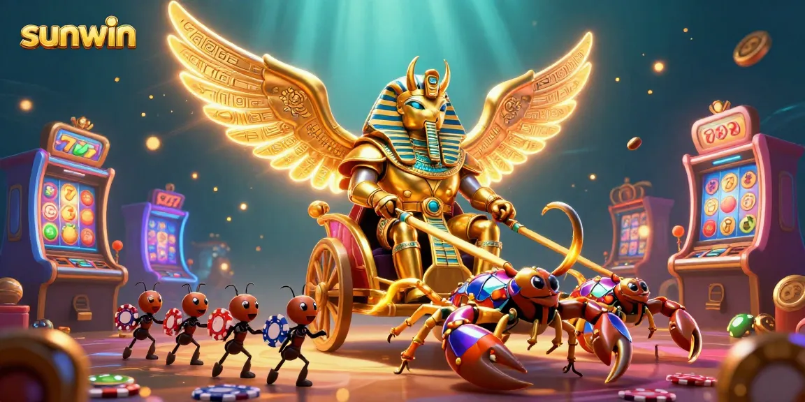 Experience the thrill of sunwin with a vibrant illustration of gaming excitement featuring golden scarabs and slot machines.