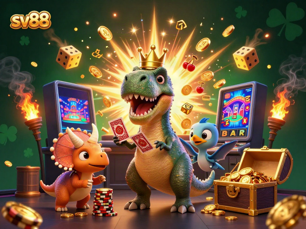 Engage with exciting sv88 gaming action featuring a friendly T-Rex, Pterodactyl, and Triceratops in a vibrant casino scene.