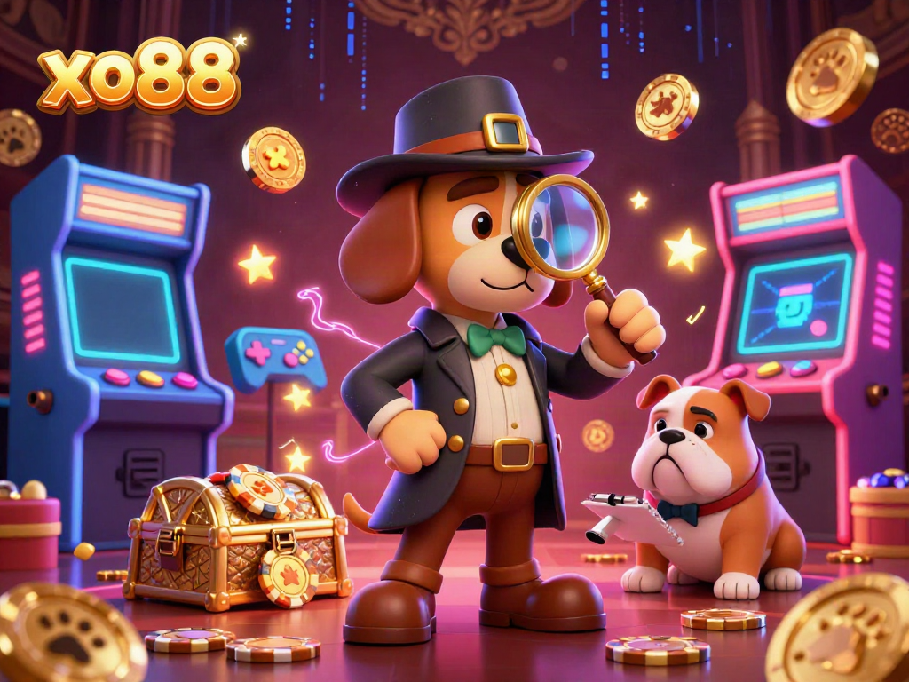 Engage with xo88's thrilling casino experience featuring cartoon detective and elements like poker chips and arcade machines.
