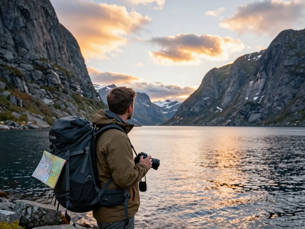 Beeindruckender Fjordblick in Norwegen, der Reisetipps Skandinavien zur goldenen Stunde mit landschaftlicher Schönheit präsentiert.