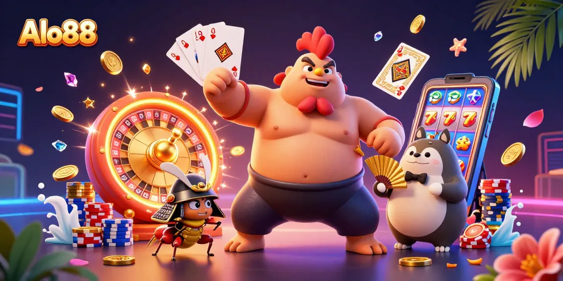 Alo88 players experience thrilling gaming with colorful characters in a vivid casino scene