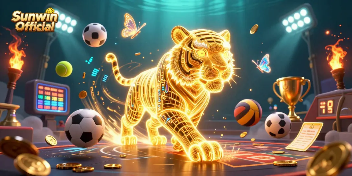 Experience thrilling gaming action at Sunwin Official with a vibrant digital casino scene featuring golden elements and energetic characters.