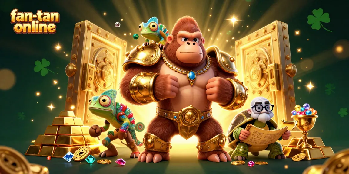 Add excitement to your game with fan-tan online, showcasing a powerful gorilla king, colorful chameleon, and gambling items.