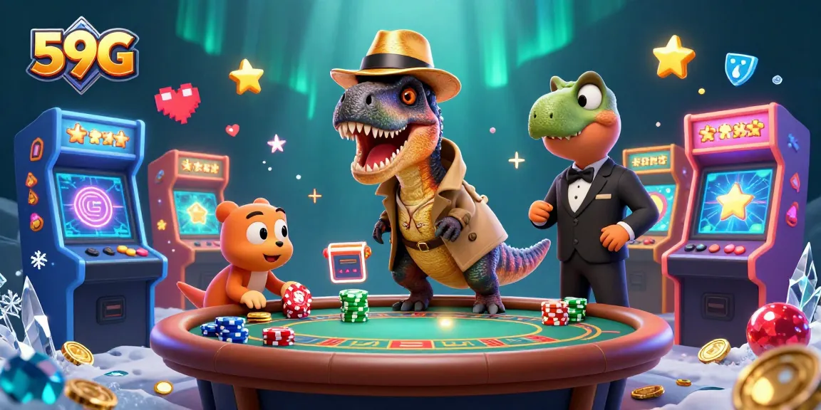 Experience thrilling betting with 59G as the velociraptor card counter and companions engage at the casino table.