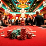 Az online casino izgalmas atmoszféráját bemutató játékasztal, élénk színekkel és játékosokkal.
