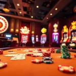 Engaging scene at home Jl55 casino, highlighting a luxurious poker table and vibrant slot machines.