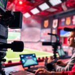 Engaging sports broadcasting scene featuring broadcasters in a high-tech studio, capturing live action.