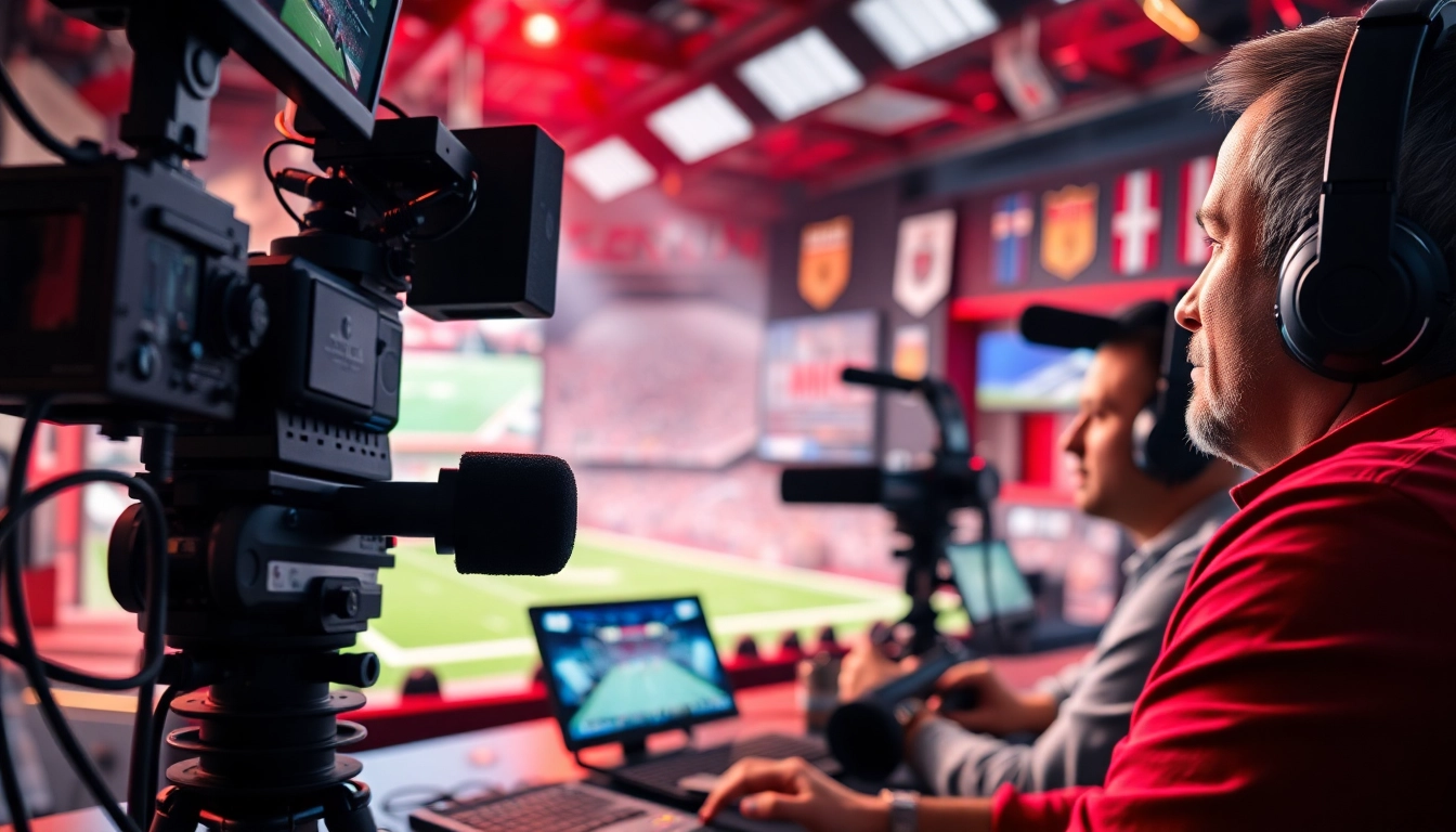 Engaging sports broadcasting scene featuring broadcasters in a high-tech studio, capturing live action.