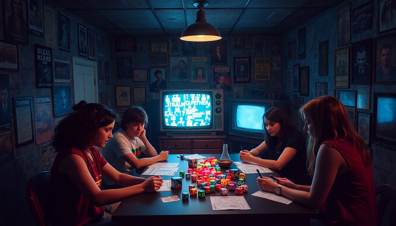 Engagierte Freunde in einem schwach beleuchteten Keller, die das Wesen des Stranger Things Finales mit vintage Dekor und Würfeln einfangen.