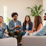 Discussing mental health awareness in a supportive, diverse group setting with warm lighting.