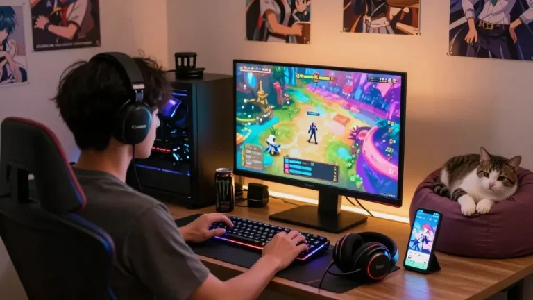 Playing a hentai game on a desktop with colorful graphics and gaming accessories in a cozy room.