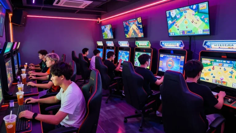 Engaged players at B52 CLUB enjoying thrilling games at https://b52club.radio.fm/ in a vibrant, energetic gaming lounge.
