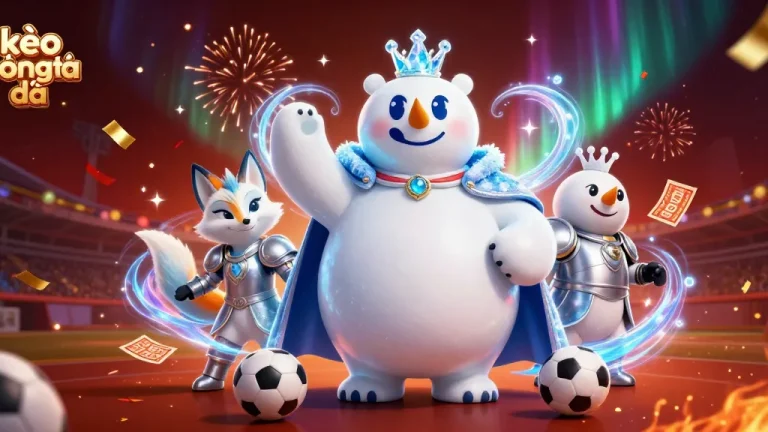 Bet on kèo bóng đá with a dazzling scene of an ice king polar bear and snow fox amidst vibrant sports elements.