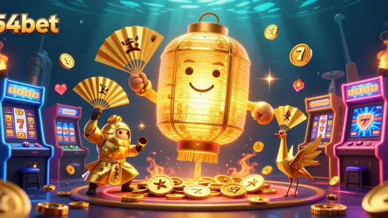 Engage with 54bet's vibrant casino scene featuring golden lanterns, slot machines, and arcade elements.