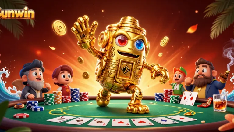 Experience thrilling poker action at Sunwin with a dynamic 3D illustration of a golden golem and poker elements.