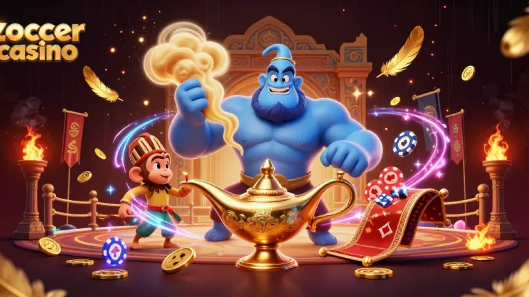 Zoccer casino reveals an enchanting scene with a genie, monkey, and poker chips illuminating a magical casino atmosphere.