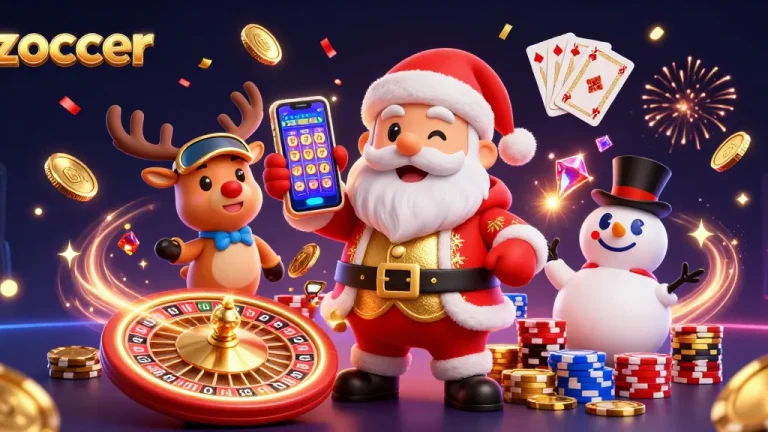Zoccer offers a vibrant casino experience with Santa and friends celebrating big wins in a colorful 3D scene.