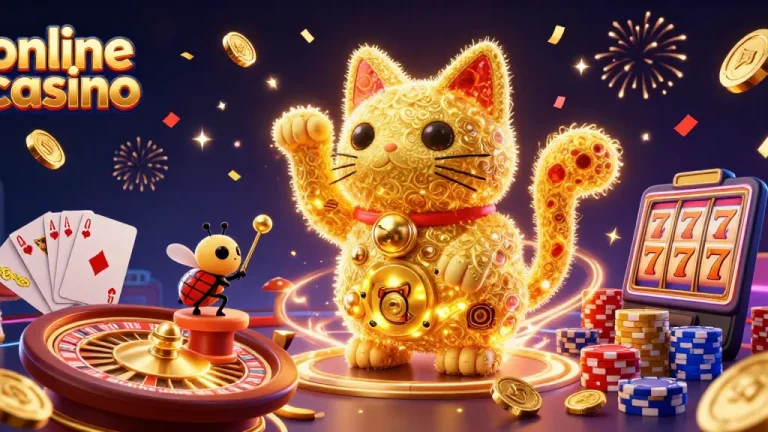 Experience the excitement of an online casino with a dynamic 3D illustration featuring a lucky cat and casino elements.