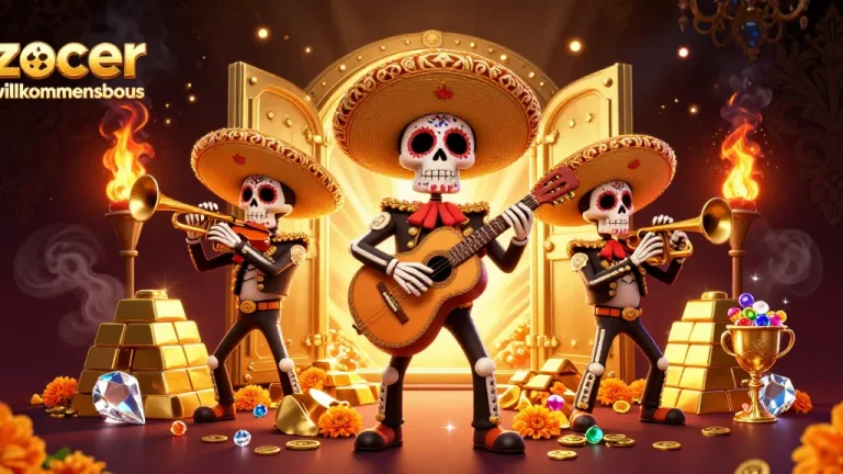 Erleben Sie den zoccer casino Willkommensbonus mit einer bunten Dia de los Muertos-Skeleton-Band, die den Abend erhellt.
