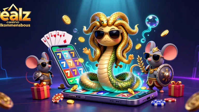 Erleben Sie den Realz Casino Willkommensbonus mit einer aufregenden 3D-Darstellung, die Medusa, einen Kriegermaus und Glücksspiel-Elemente kombiniert.